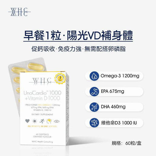 WHC Improve Three Highs & Brain Health 95% High Purity Fish Oil + Vitamin D3 (60 capsules) — authentic Hong Kong health & beauty